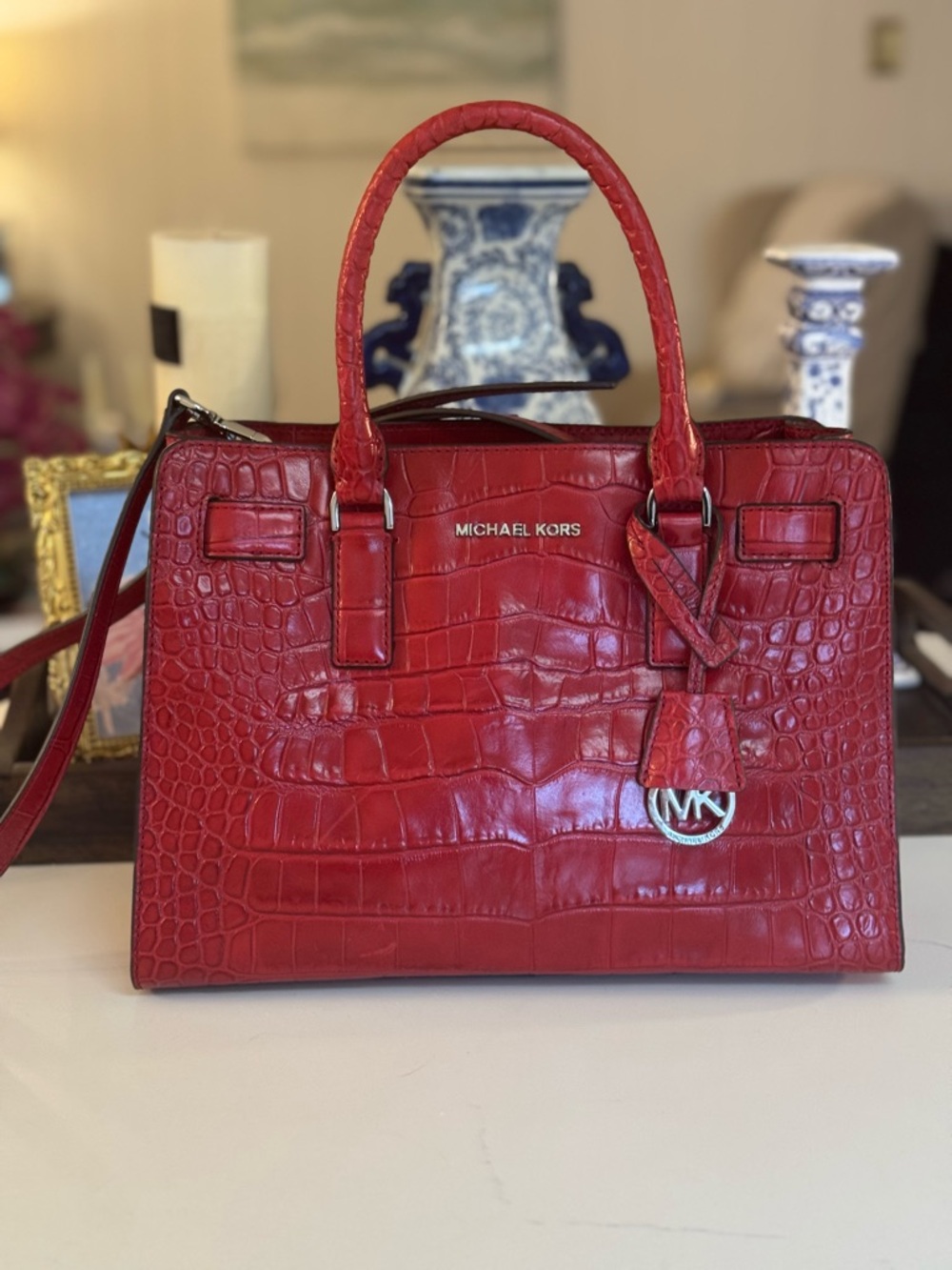 ❤️ MICHAEL KORS DILLON RED MEDIUM LEATHER CROCO EMBOSSED SATCHEL! - Picture 4 of 15